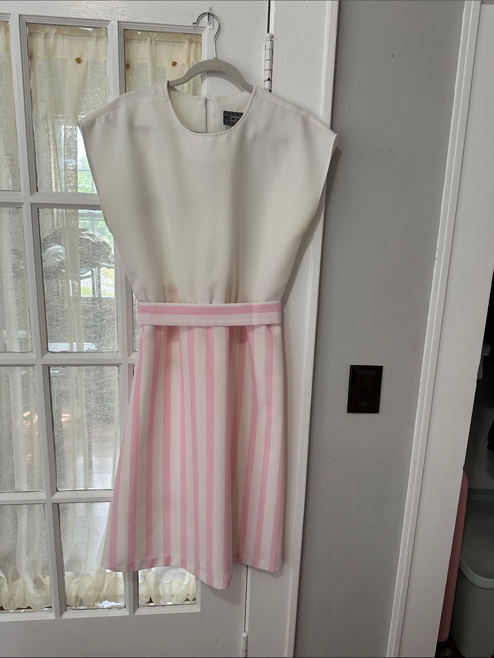 Cream and Pink Striped A-Line Dress